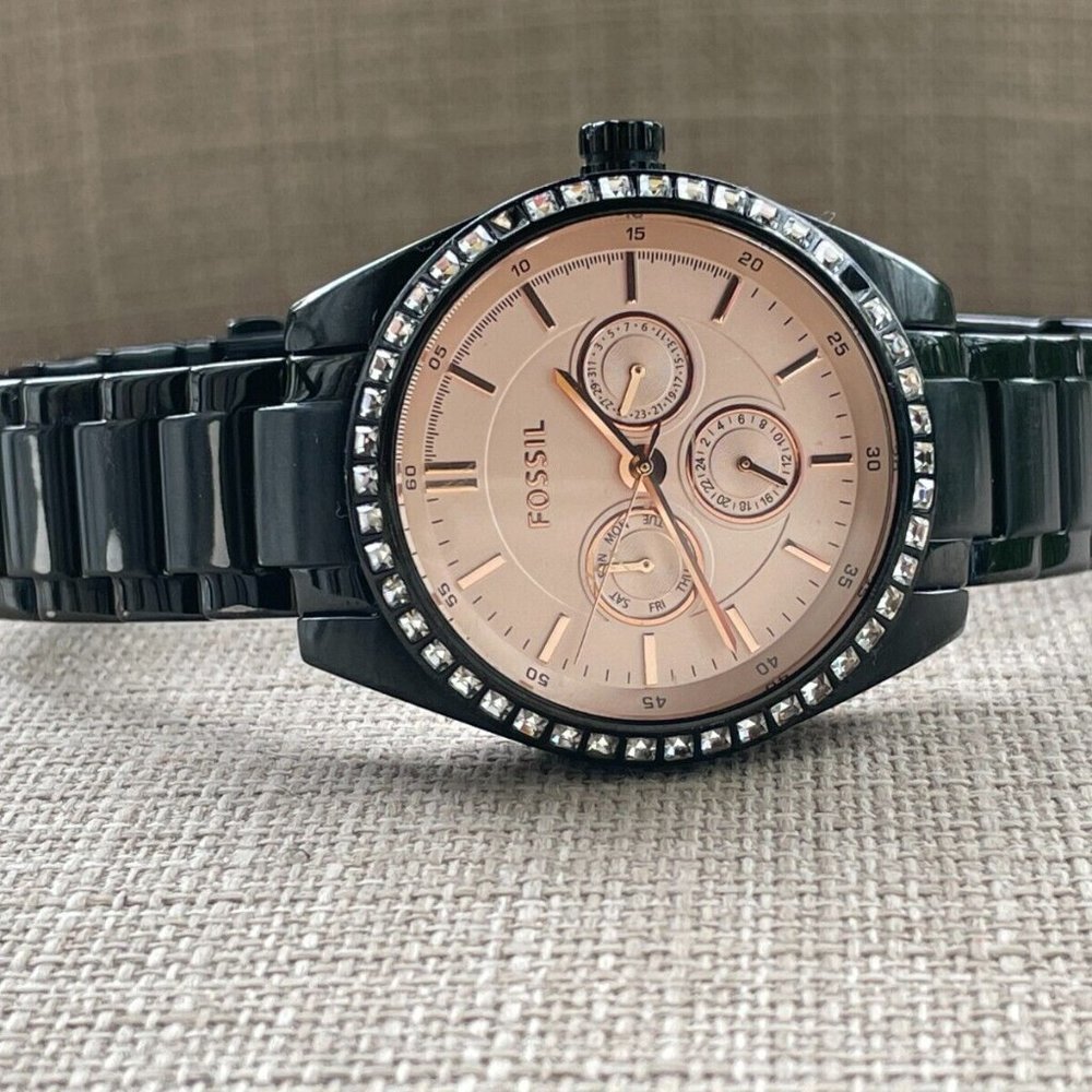 Fossil Ladies Wristwatch Crystals Accent Bezel Black Tone Quartz Multi-function - Picture 6 of 11